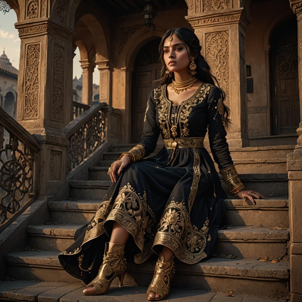 Mexican Woman in Anarkali Suit on Manor Stairs