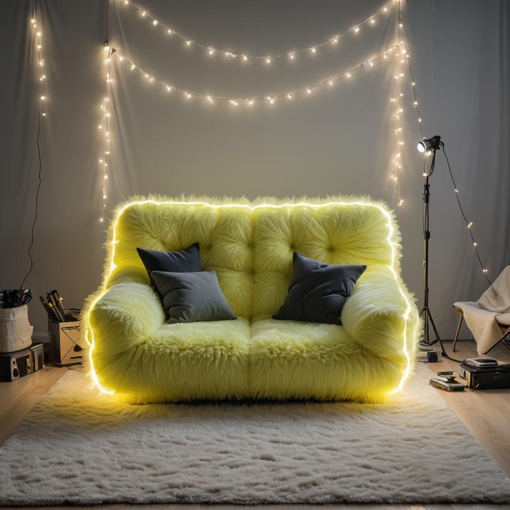 Fluorescent Yellow Vinyl Couch in Dark Studio