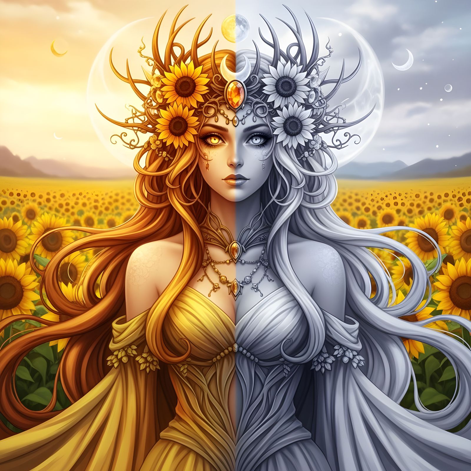 Half-Sun Half-Moon Goddess in Gothic Art Style