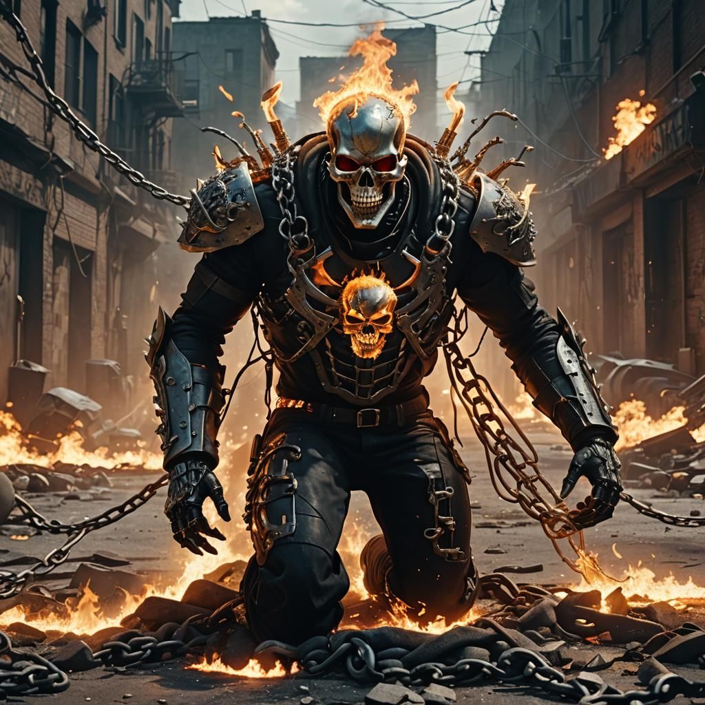 Ghost Rider Battles Cyborg with Fiery Chains