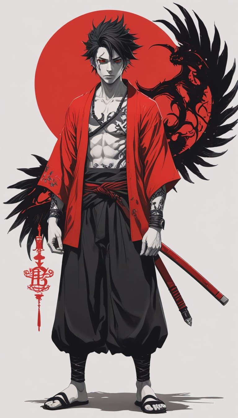 Anime Demon with Red Katana in Wasteland, Tite Kubo Style