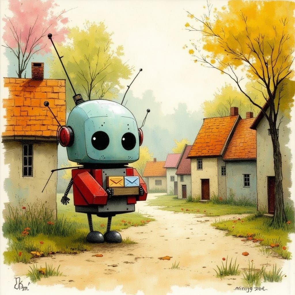 Whimsical Robot Delivers Mail in Storybook Village