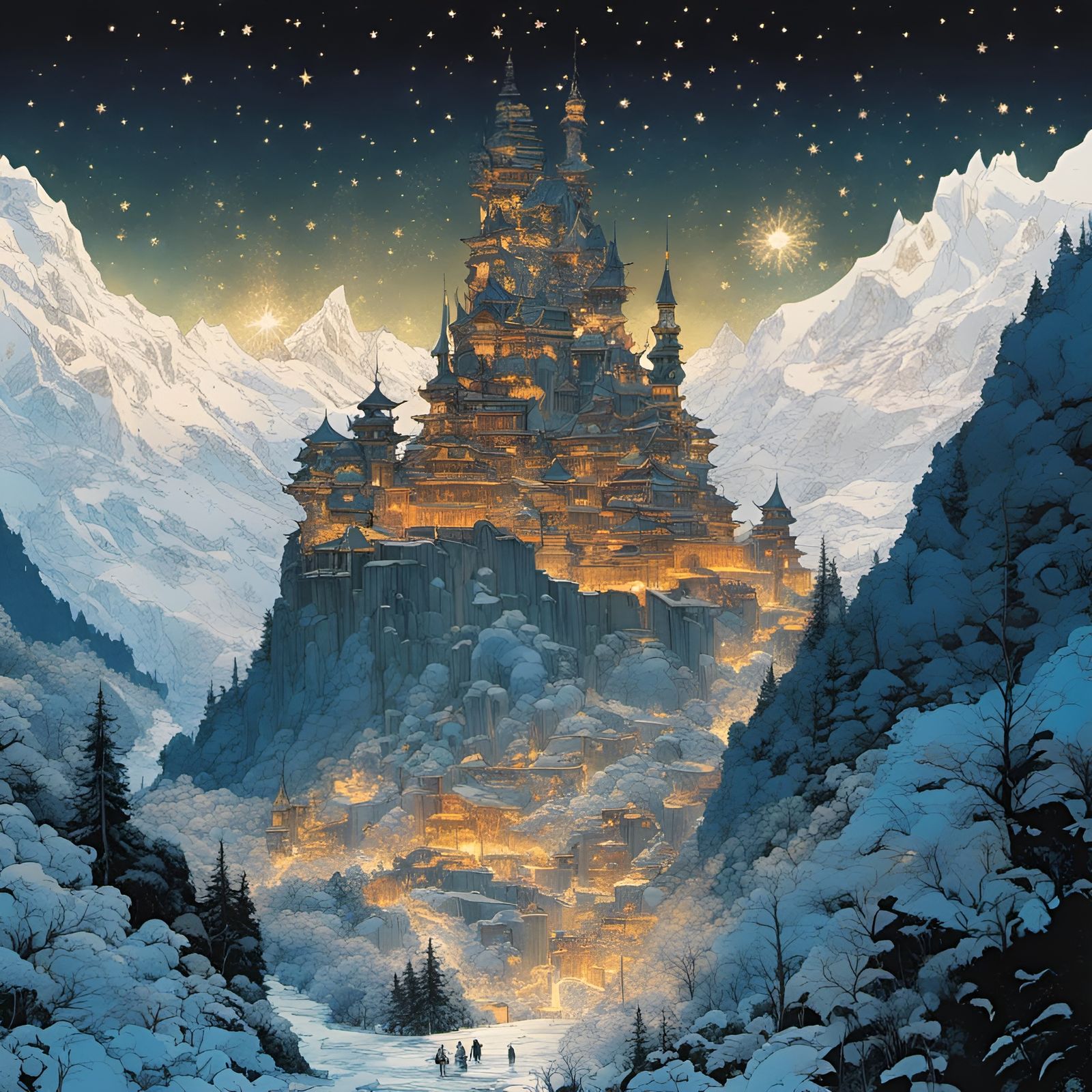 Ice Castle Mountainscape Inspired by Manga Art