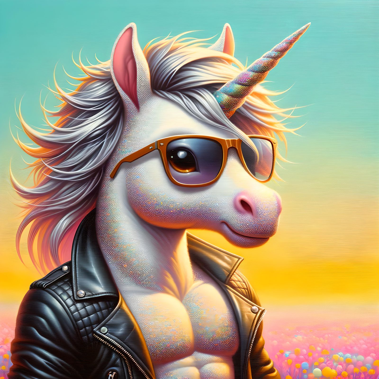 Muscular Unicorn in Leather Jacket, CGI Oil Painting