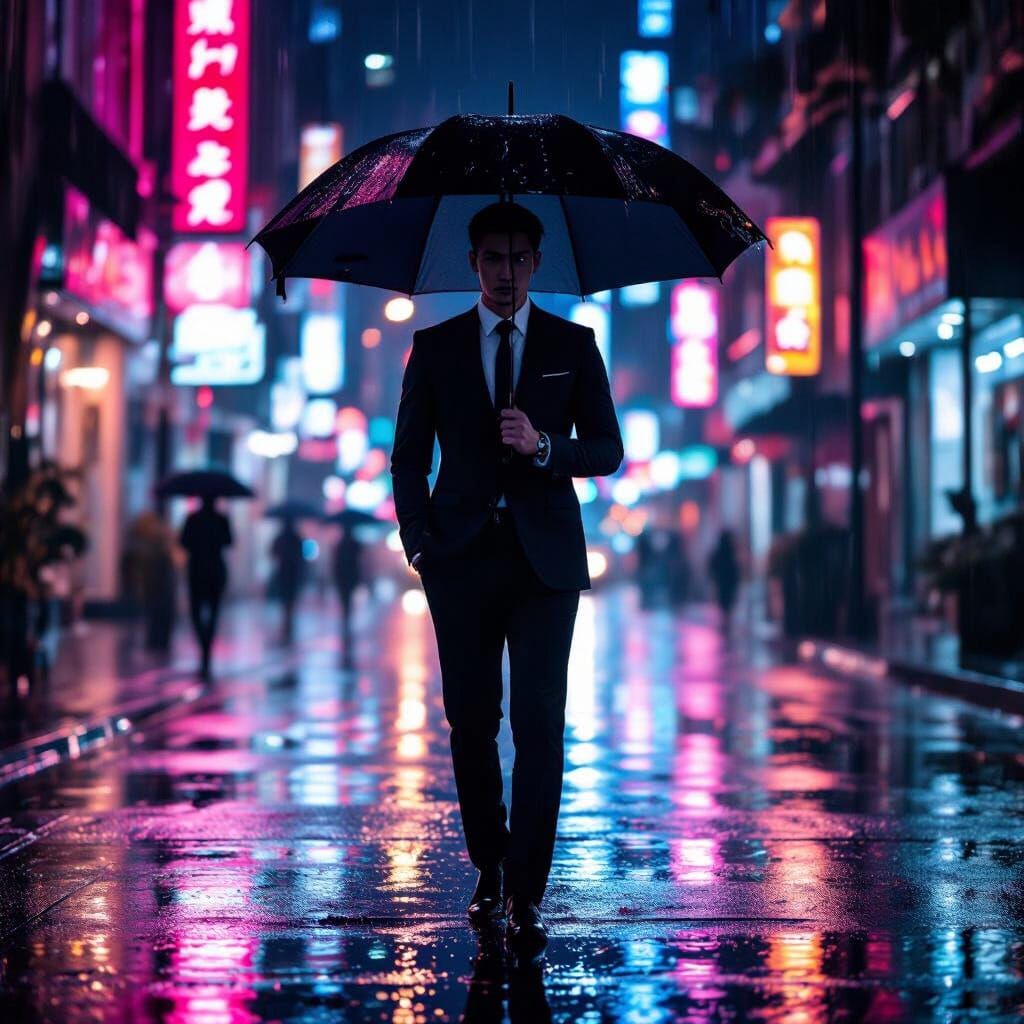 Man in Rain Under Neon City Lights, Cinematic Portrait