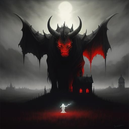 Ghost and Demon Holding Hands in Misty Field