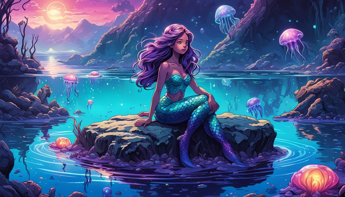 Mermaid in Lagoon: Kawaii Comic Book Art