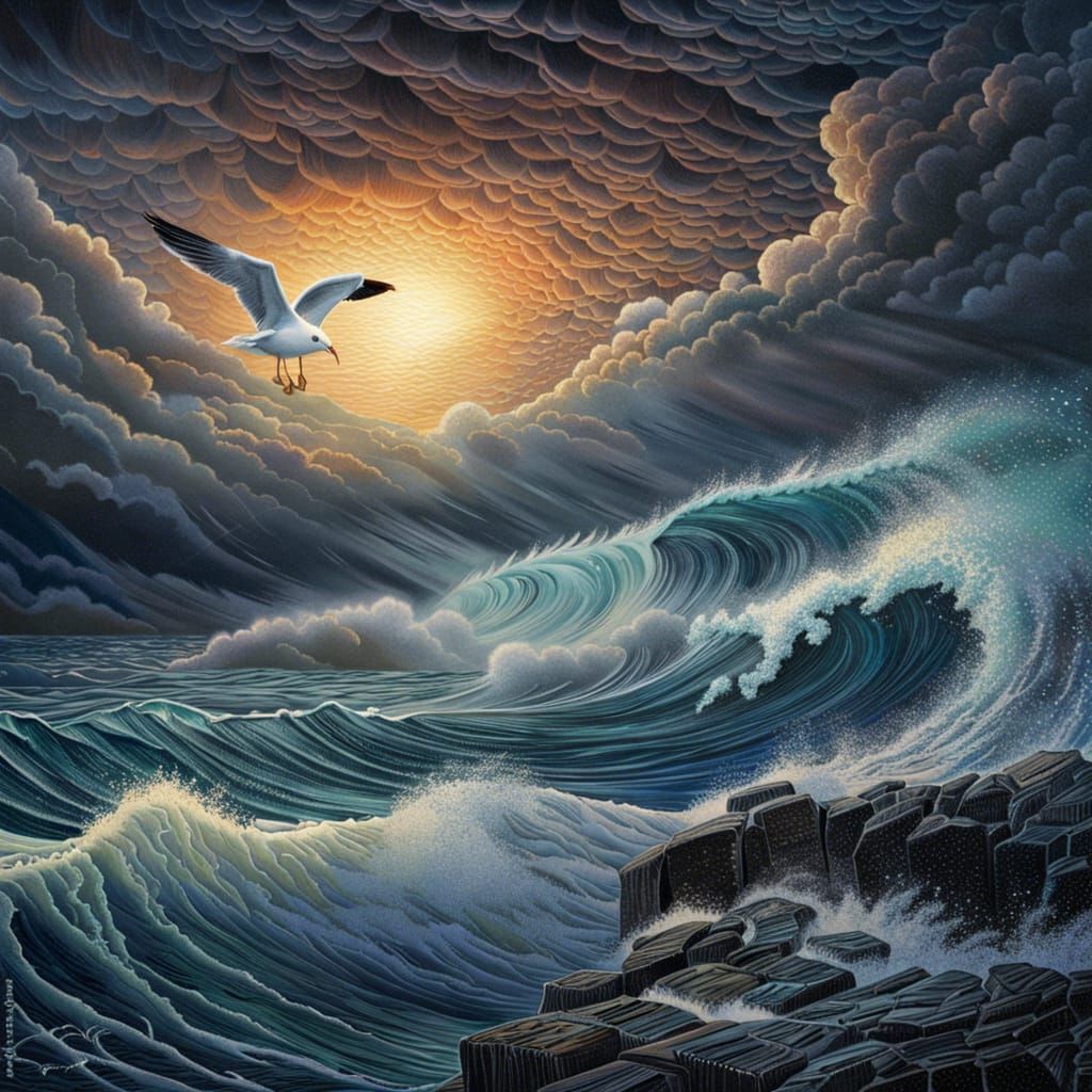 Seagull in Stormy Seas: Cosmic Astral Illustration