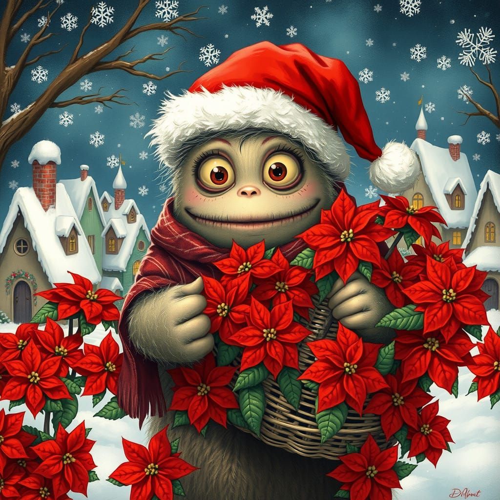 Cuddly Monster Surrounded by Whimsical Christmas Poinsettias...
