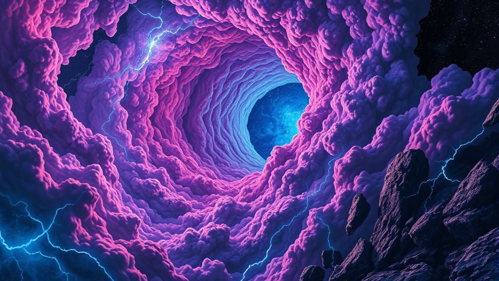 Ethereal Cosmic Wormhole in Distorted, Swirling Clouds