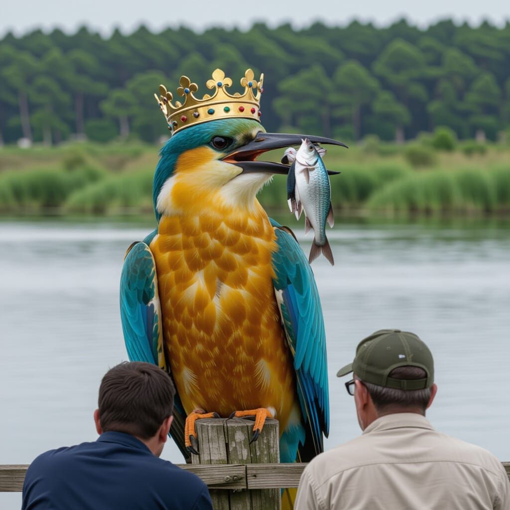 Crowned Kingfisher Receives Homage from Fishermen