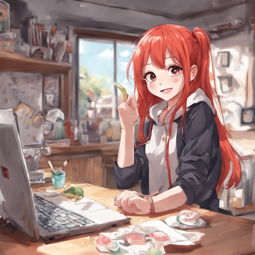 Cute Redhead Streams in Anime Style