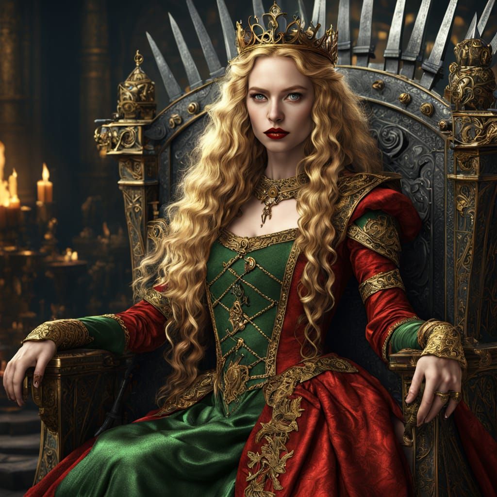 Medieval Spoiled Queen in Golden-Red Finery