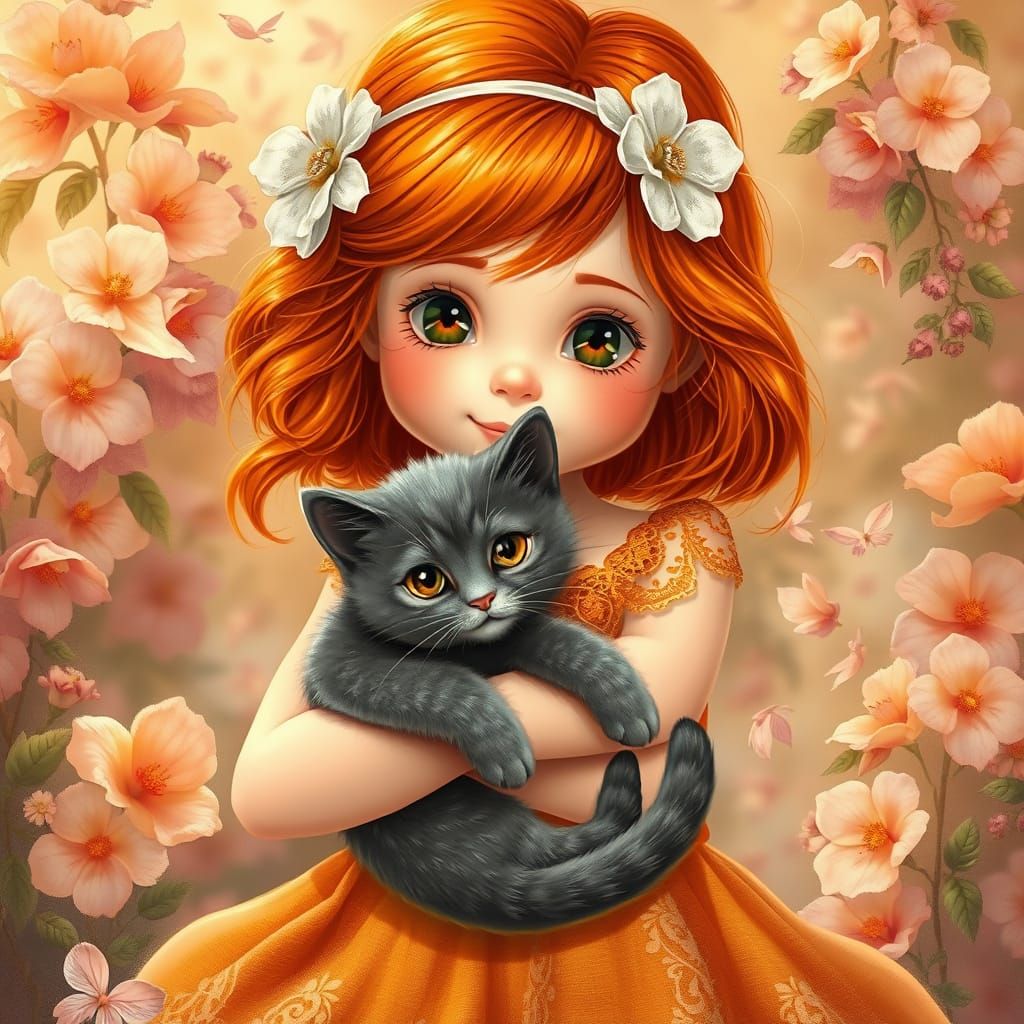 Young Girl in Whimsical Floral Setting with Cat
