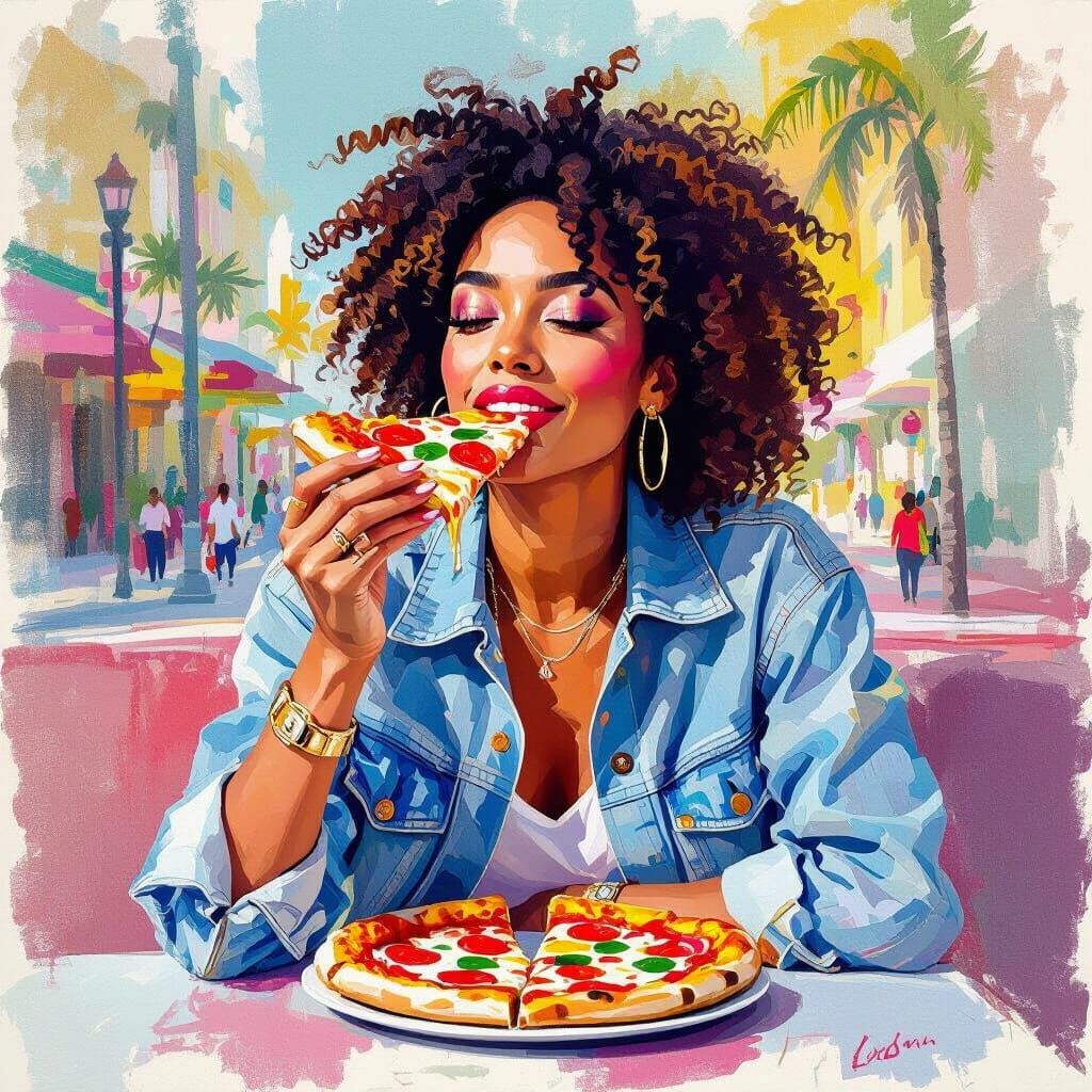 Dion Enjoys Pizza in Miami: A Contemporary Painting