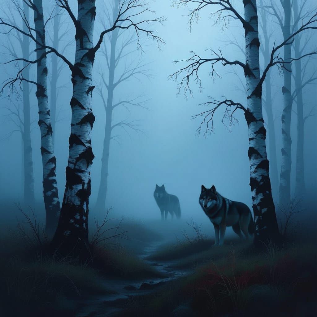 Wolf Hiding in Foggy Birch Woods