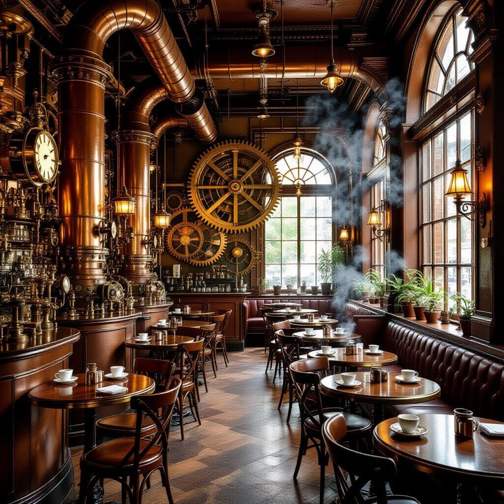 Steampunk Cafe Interior With Rotating Gears