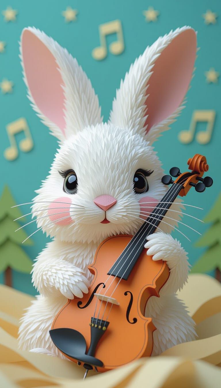 Rabbit and Violin in Paper Cut Collage Style
