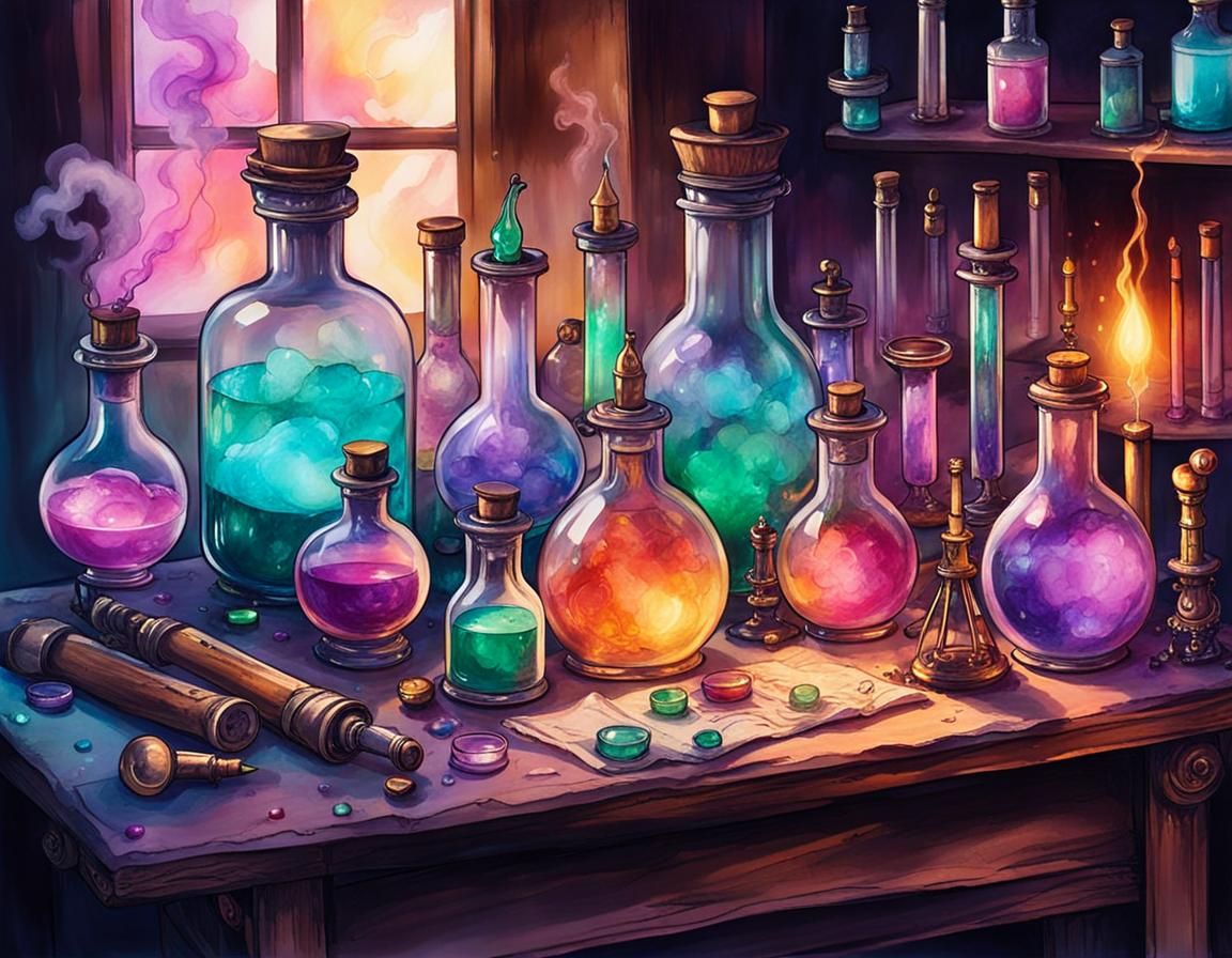 Magical Alchemist's Desk with Potions in Arcanepunk Style