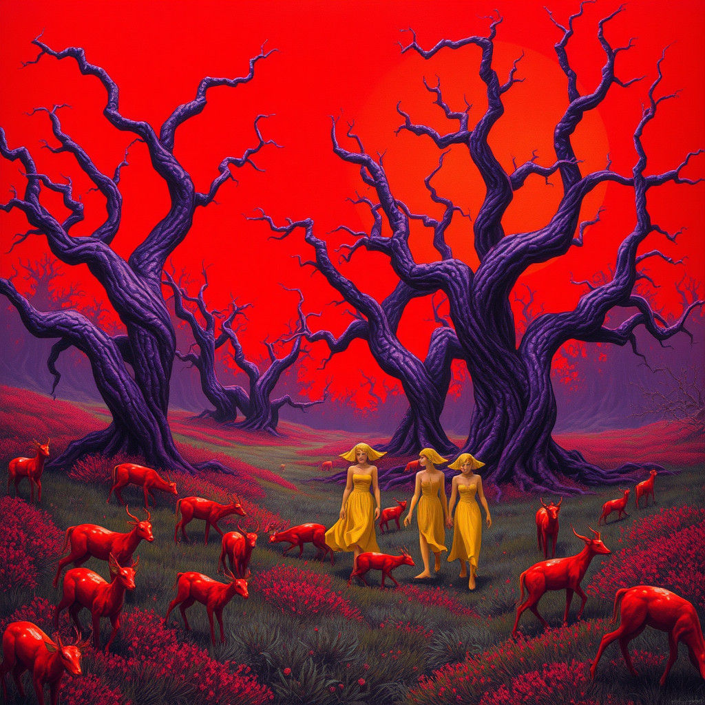 Fantastical Red Sky Landscape with Elves