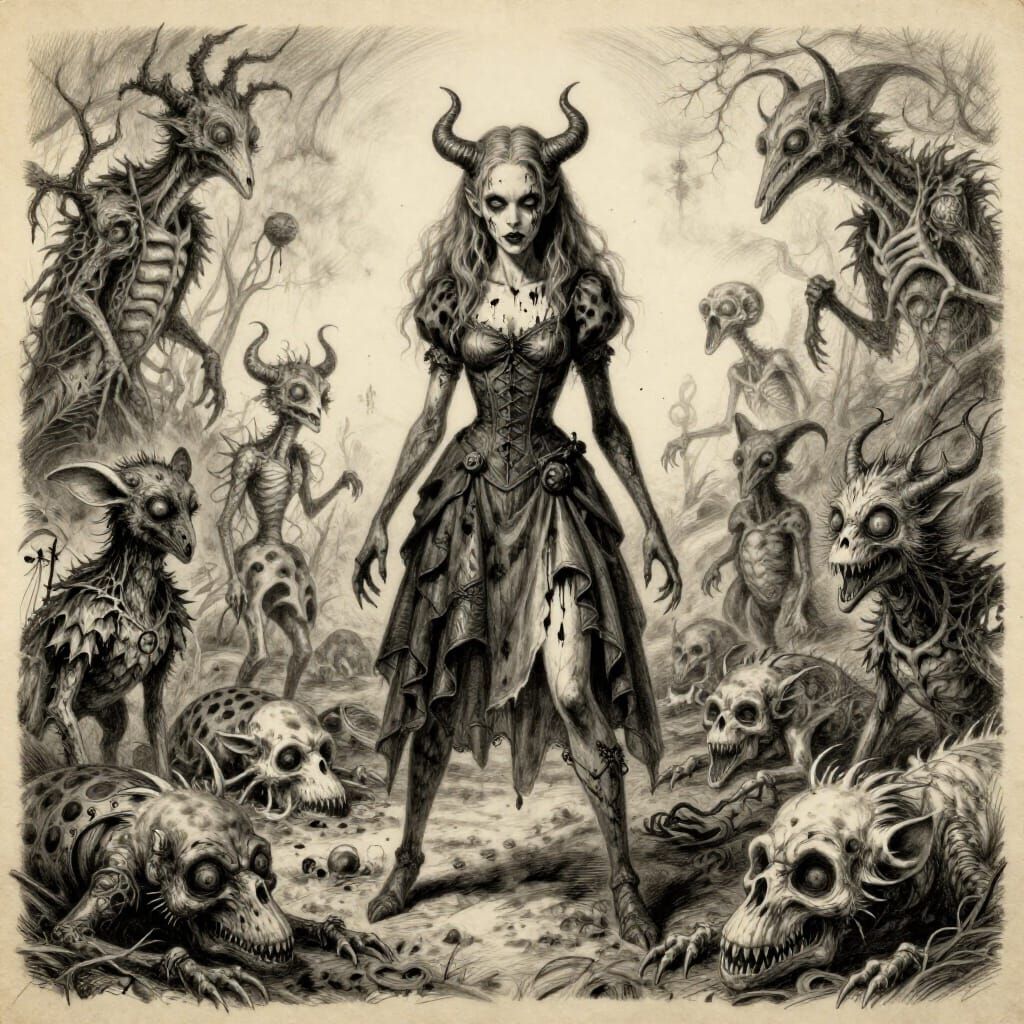 Evil Alice Amidst Dying Creatures in Charcoal Sketch