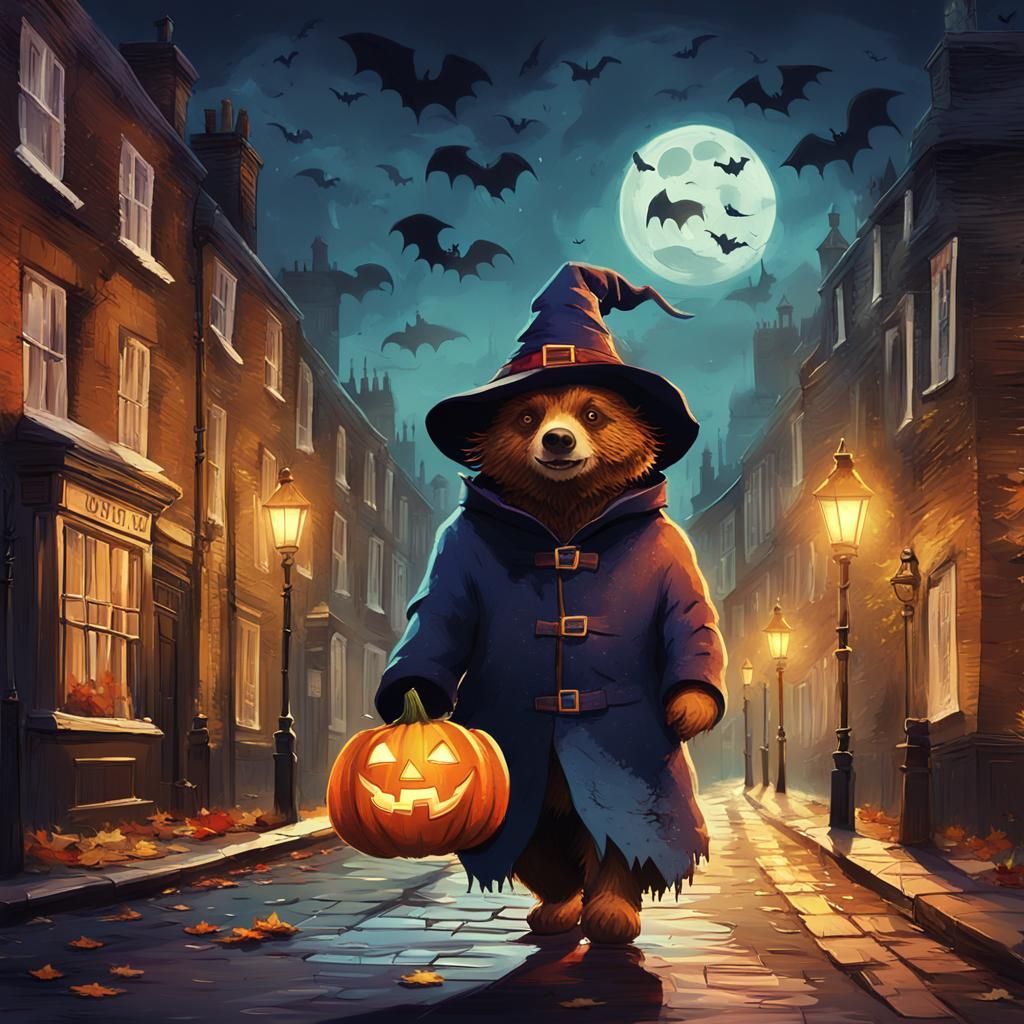 Paddington Bear Halloween Art in Spooky London