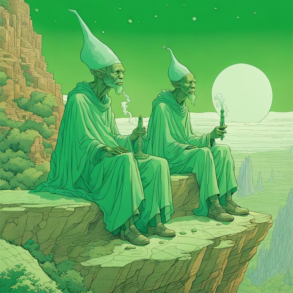 Alien Wizards Smoking Crystal Pipe in Moebius Style