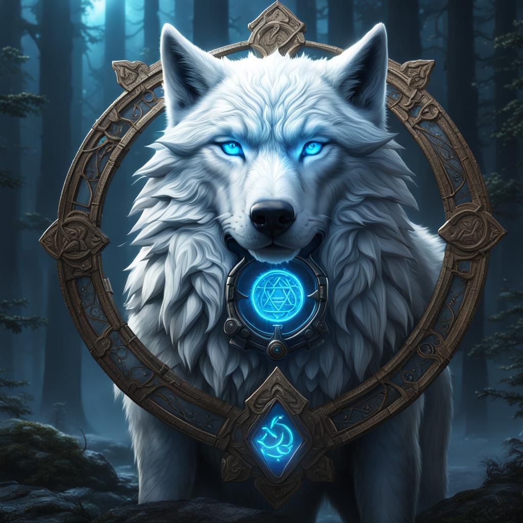 Majestic White Wolf with Glowing Blue Rune