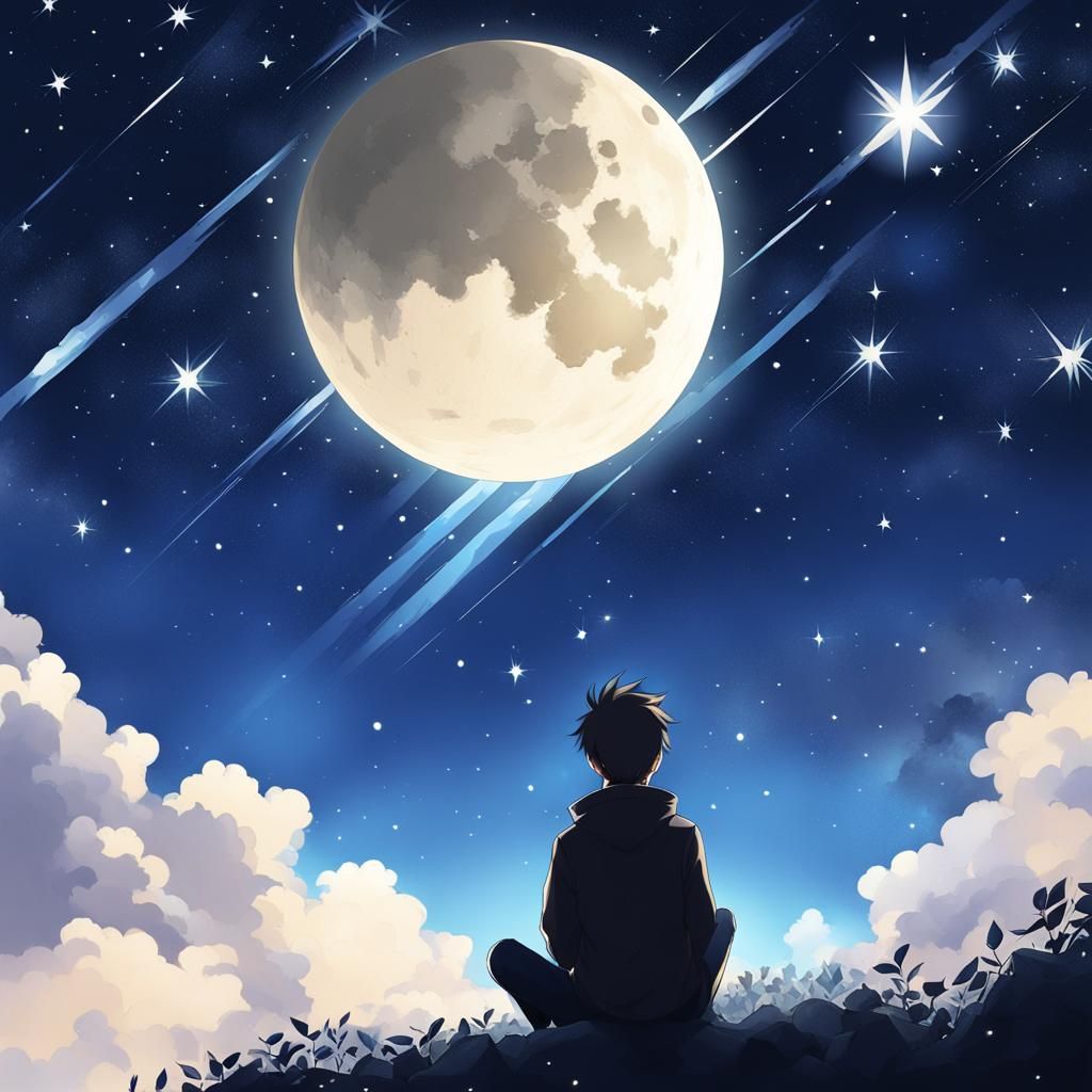 Anime-Style Portrait of Man Gazing at Stars