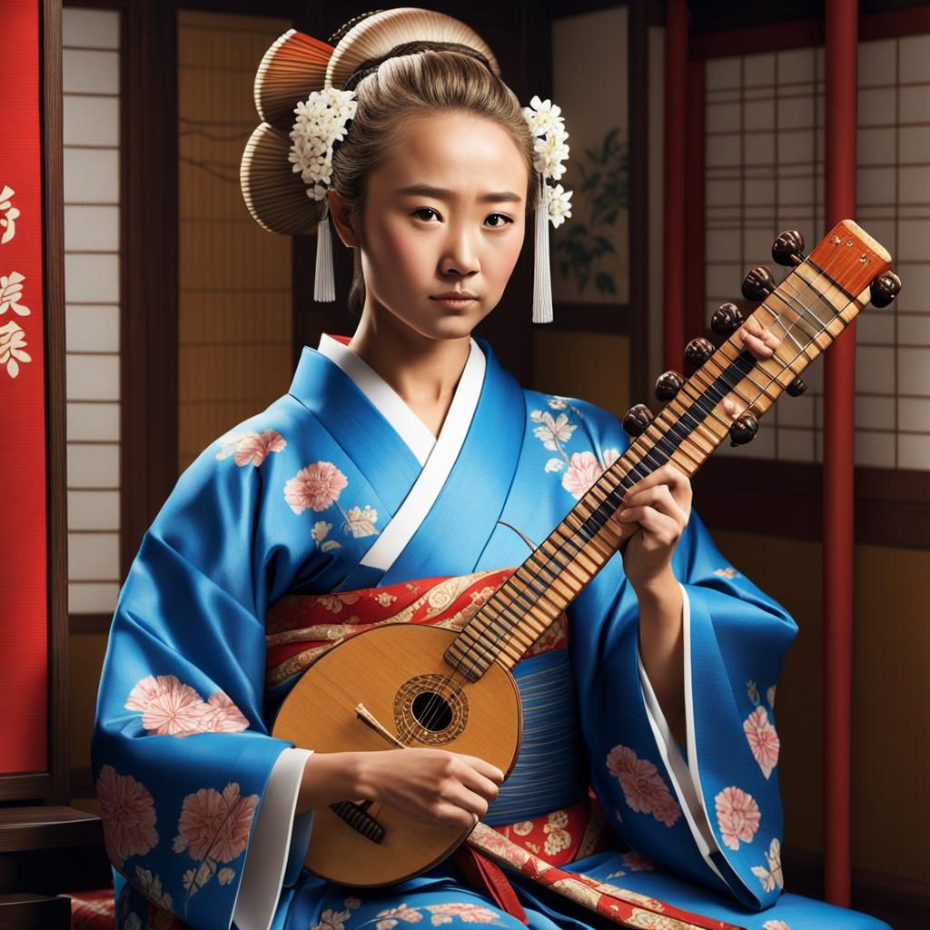 Geisha Portrait with Shamisen in Woodblock Style