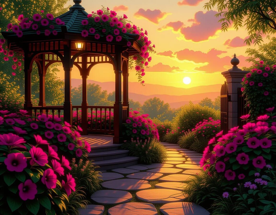 Glowing Garden Gazebo at Sunset in Luminist Style