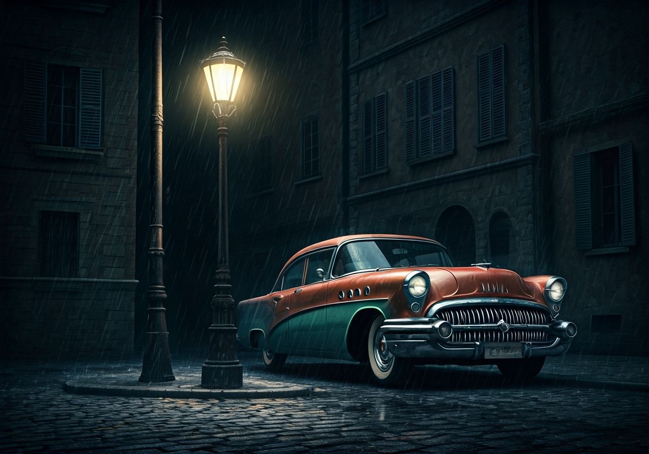 Grumpy Streetlamp Watches 1955 Buick on Lonely Street