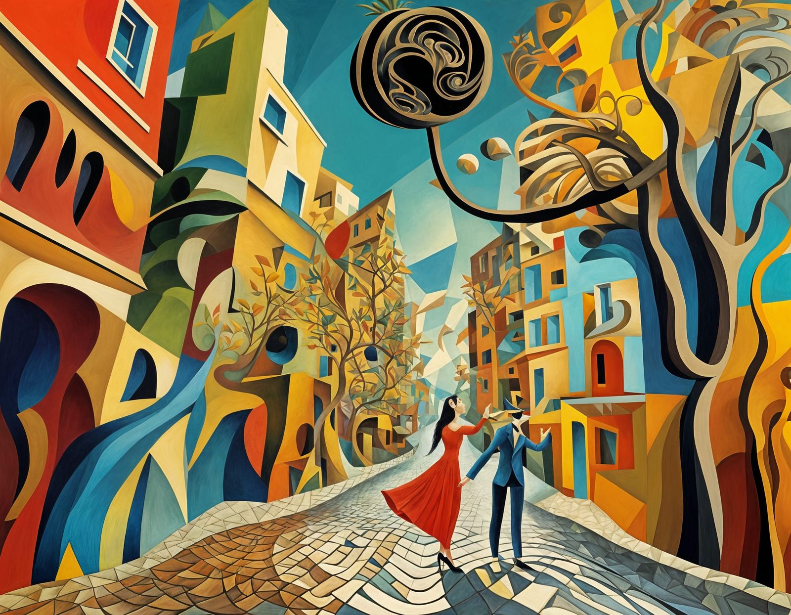 Whimsical Surrealist Landscape with Dancing Woman