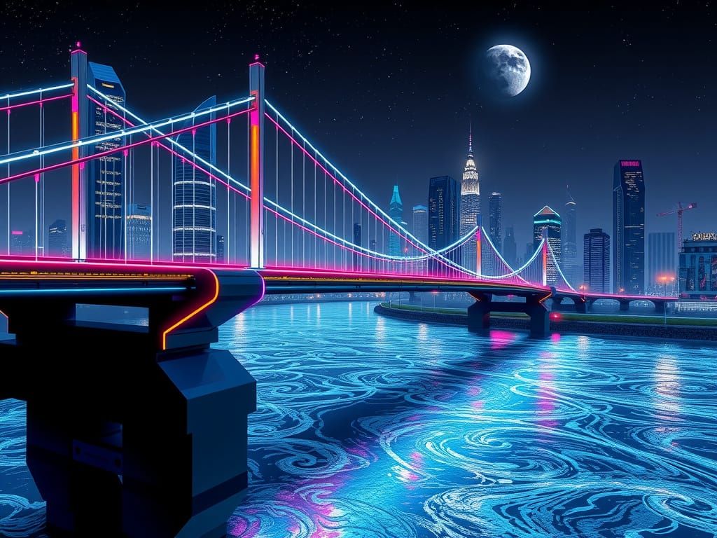 Cyberpunk Suspension Bridge Radiates Neon Light Over Iridesc...
