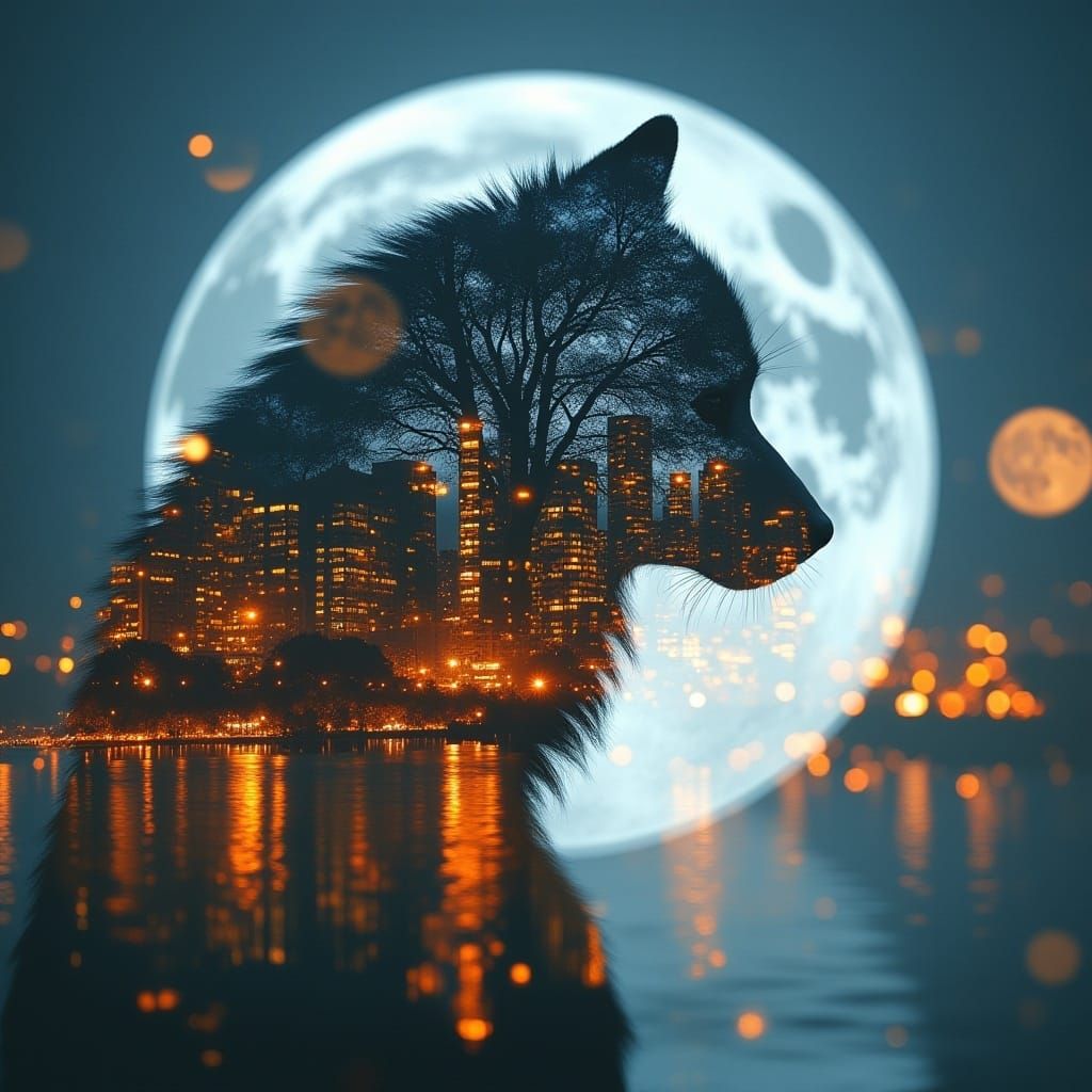 Futuristic Animal Silhouette on Moon: Double Exposure
