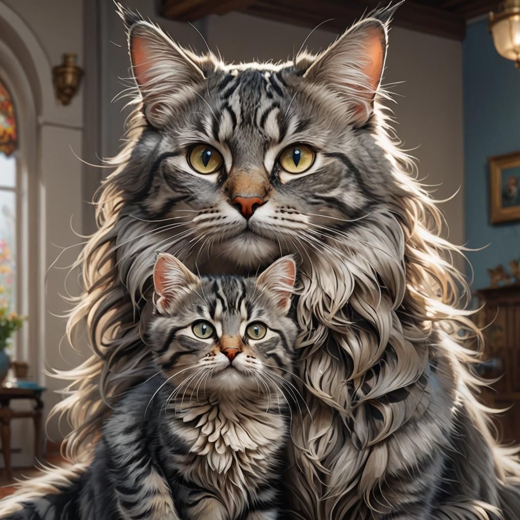 Tabby Cat and Kitten Portrait in Art Nouveau Style