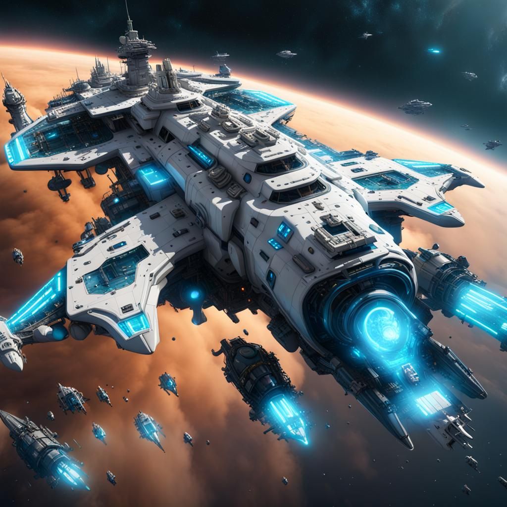 Neon Fleet of Spaceships in Deep Space