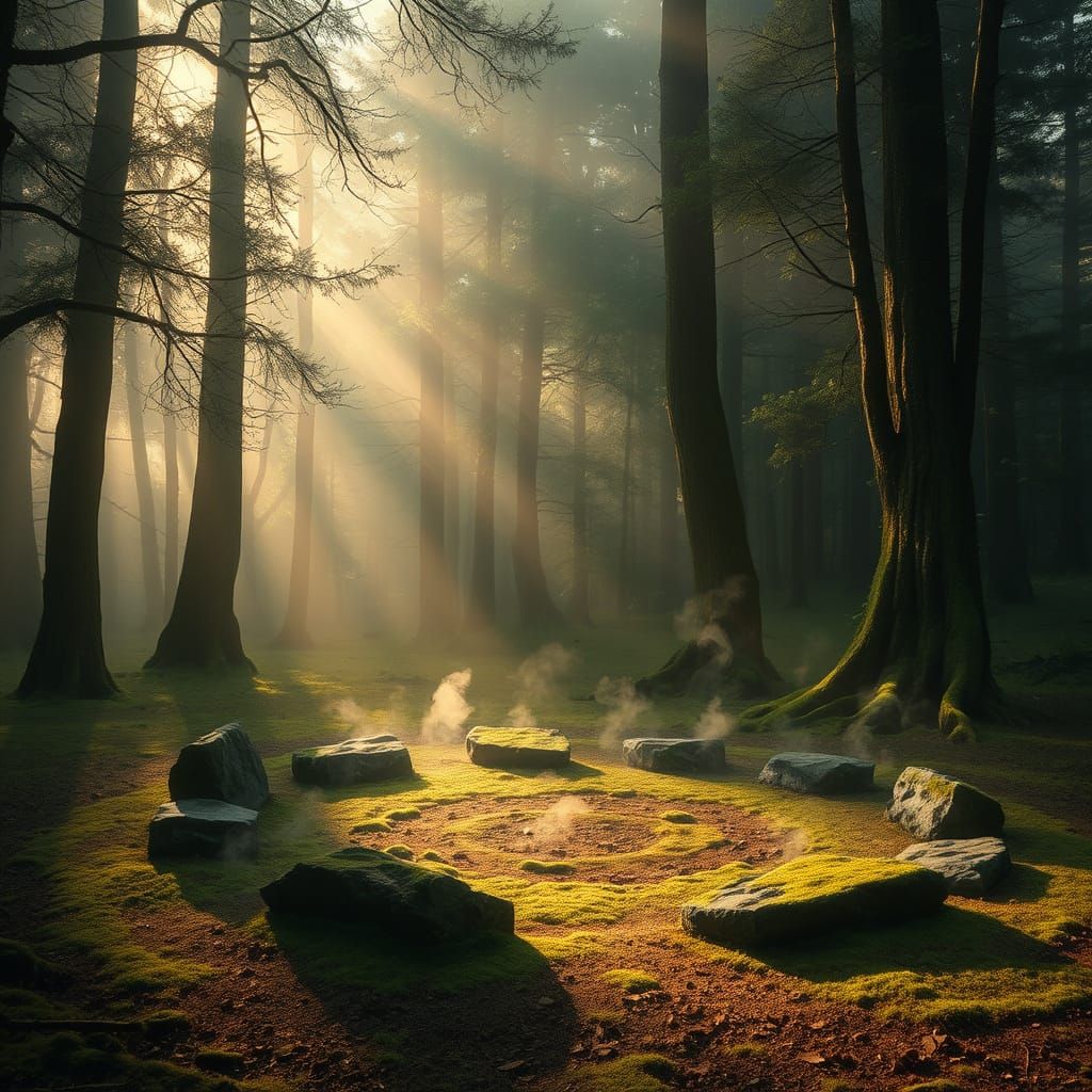 Enchanted Forest Clearing in Foggy Dawn Light