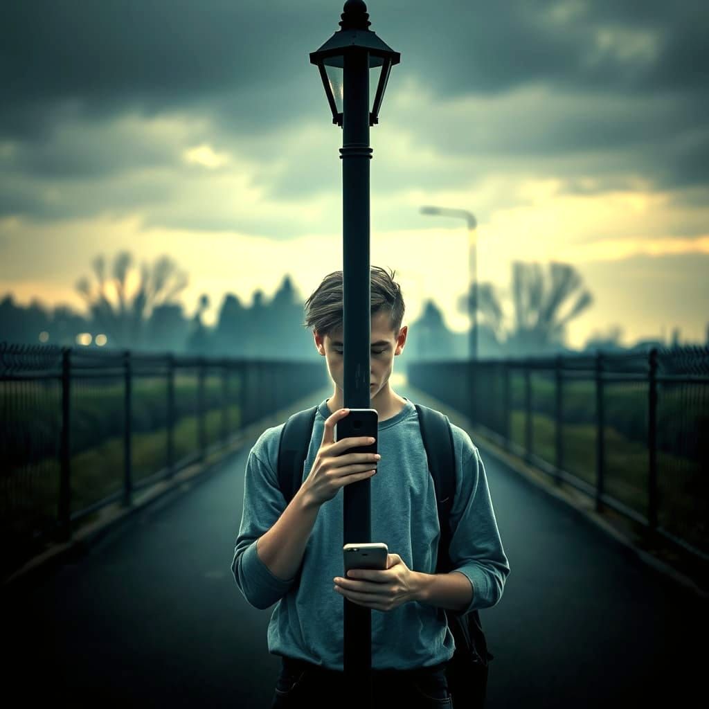 Teenager on Smartphone Blocked by Lamppost, Hyperrealistic