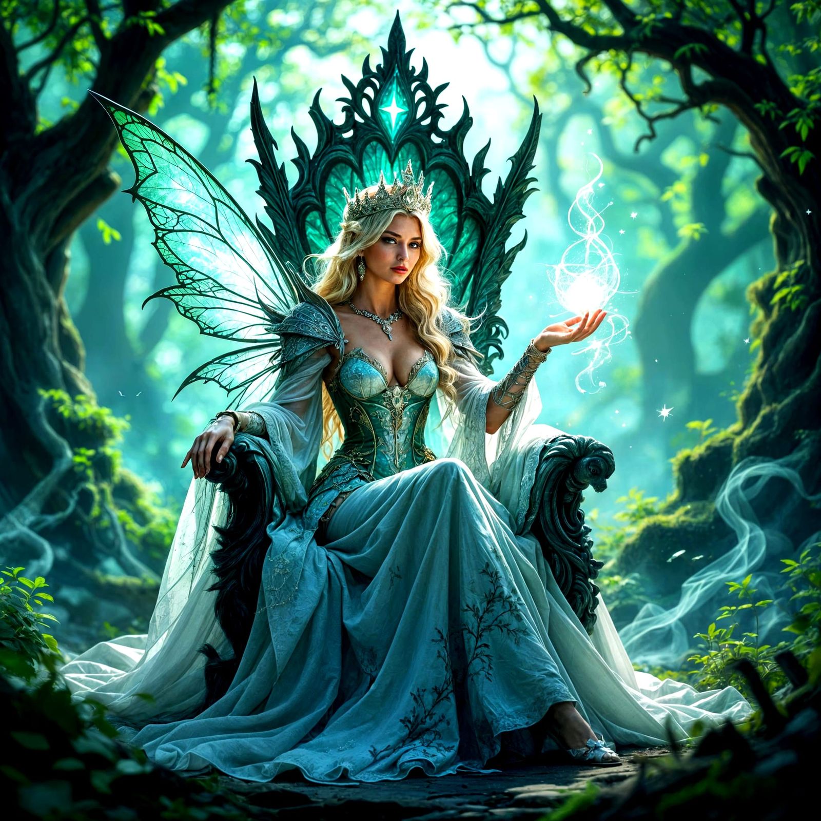 Queen Fairy Casting Spell On Ornate Throne