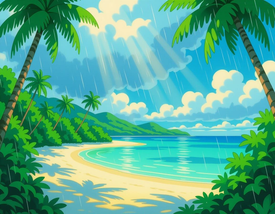 Rainy Tropical Atoll Landscape with Lush Vegetation