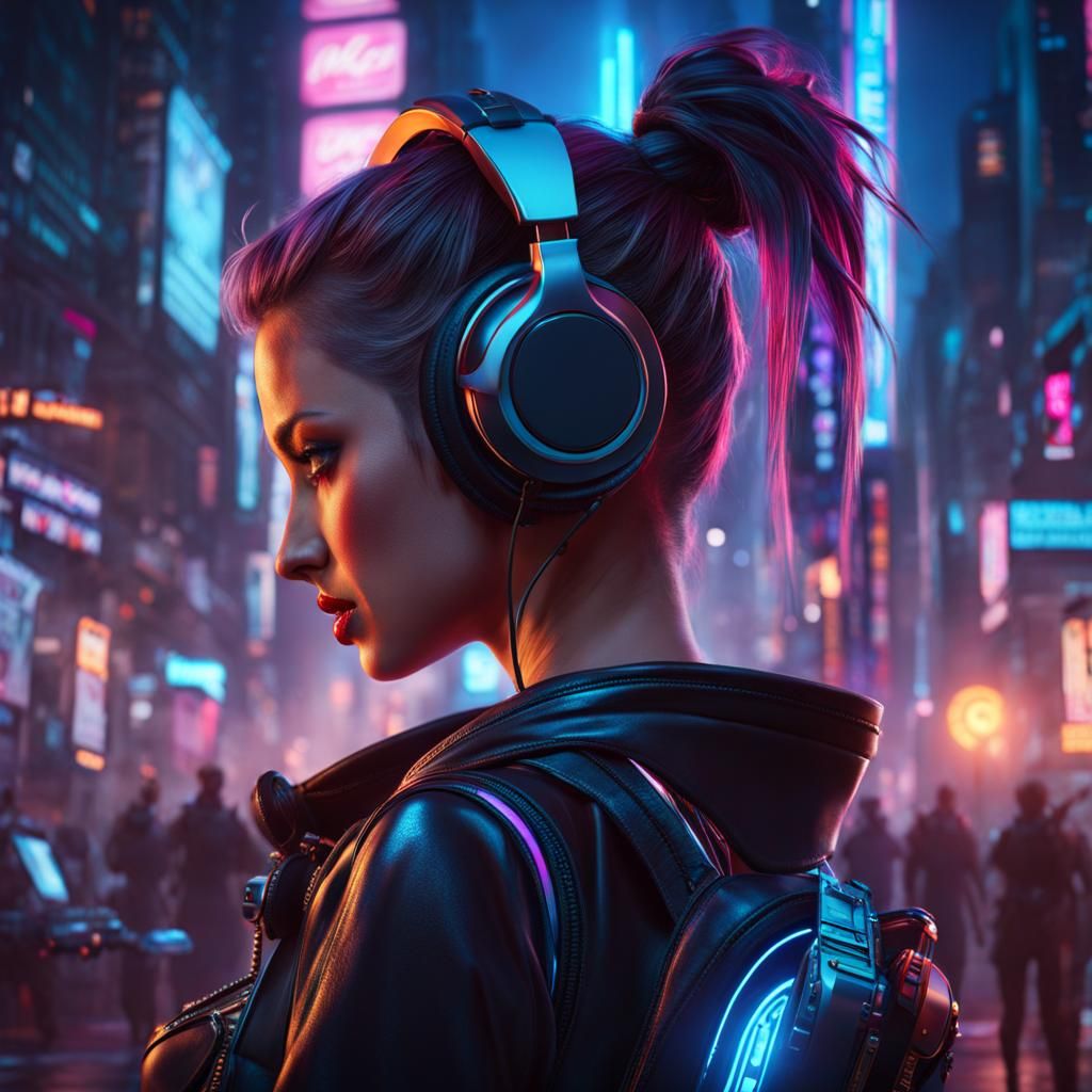 Cyberpunk Girl Plays Music in Neon City