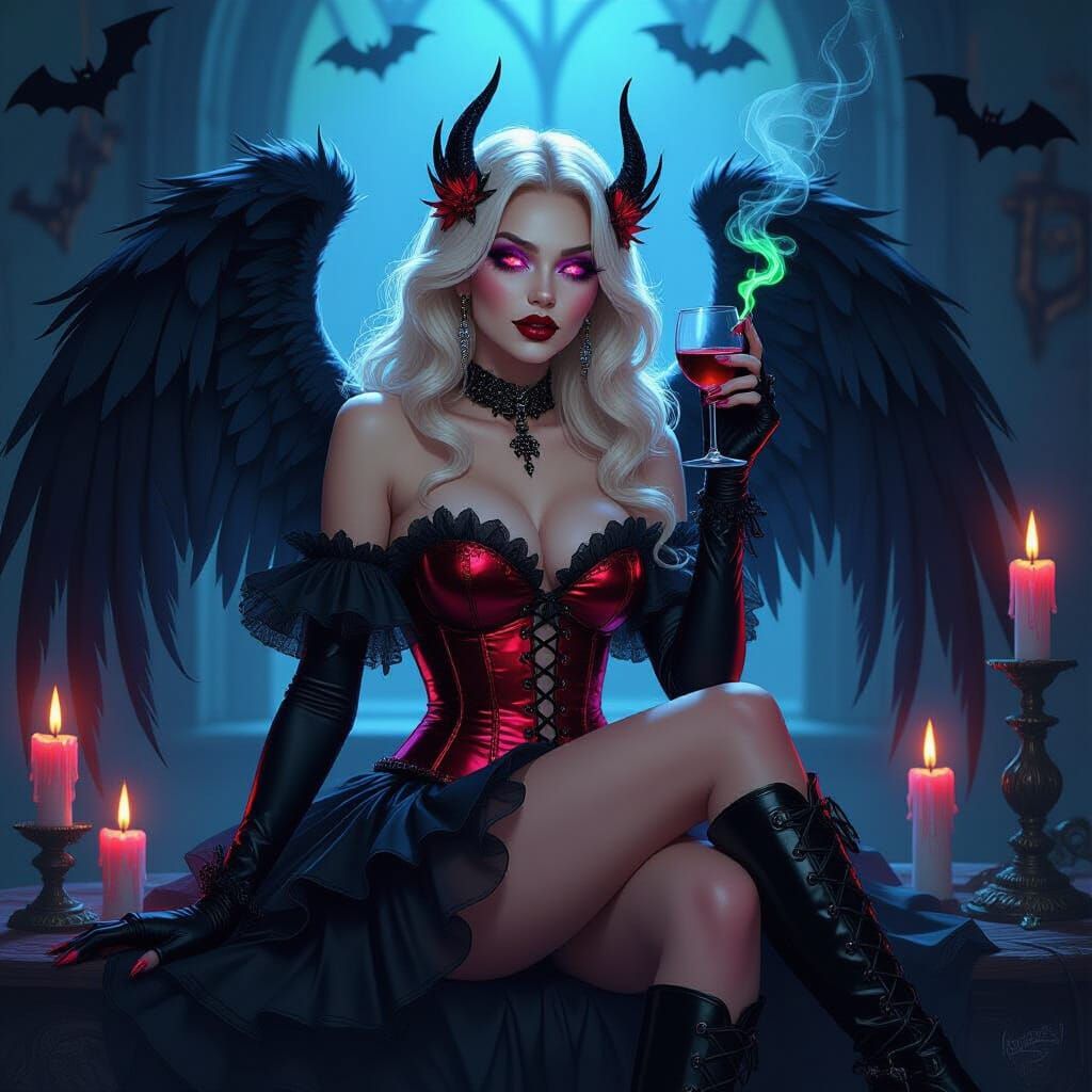 Gothic Fairy with Black Wings in Candlelit Room