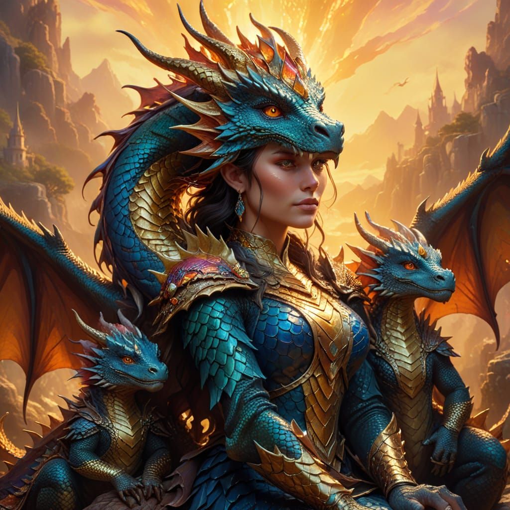 Dragon Queen with Dragon Babies in Oil Painting Style