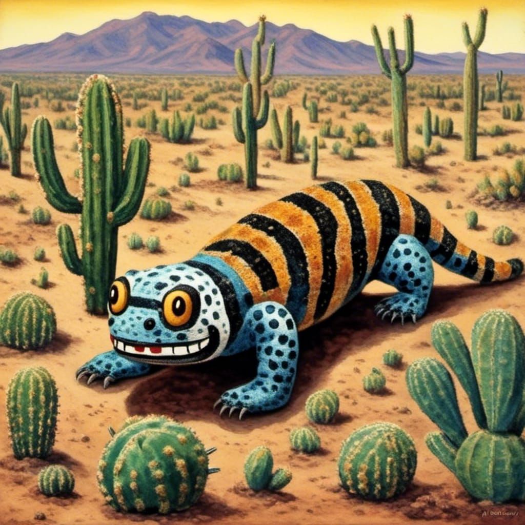 Gila Monster in Cactus Desert, Dubuffet Style