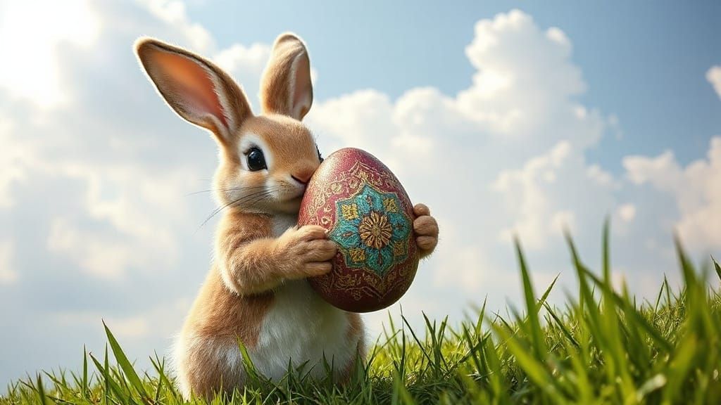 Vibrant Easter Bunny Adorns a Lush Lawn with an Ornate Egg