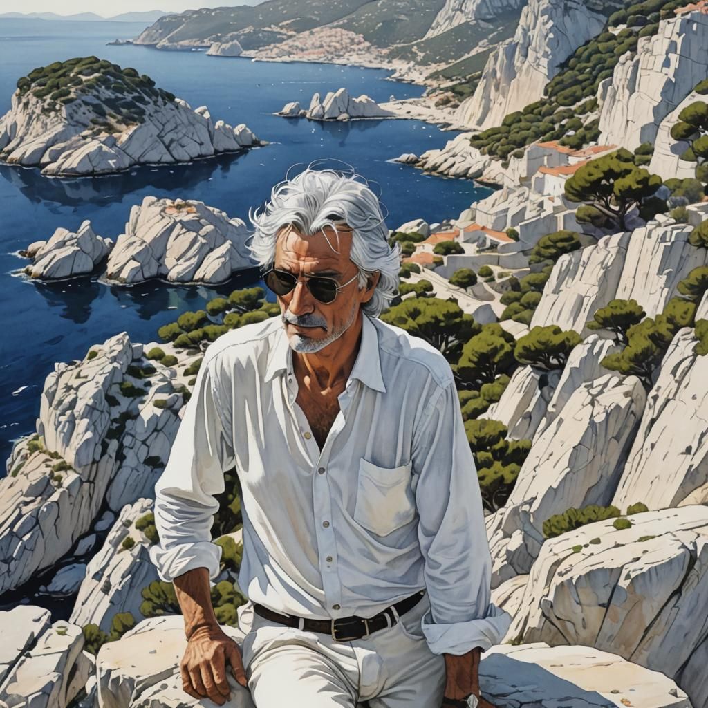 Elegant Silver-Haired Man on the Rocks: Anime Style