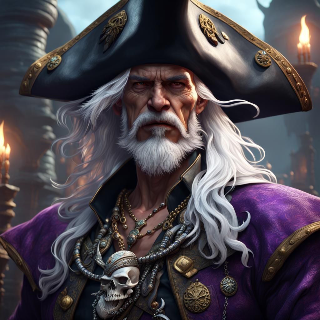 White-Haired Pirate with Skulls, Dark Fantasy Art