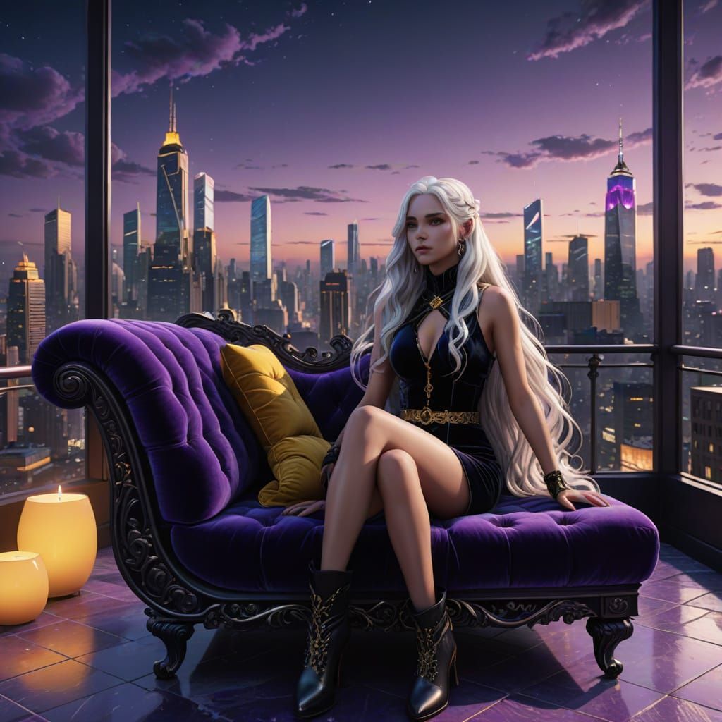 Anime Girl on Rooftop Terrace with Cityscape