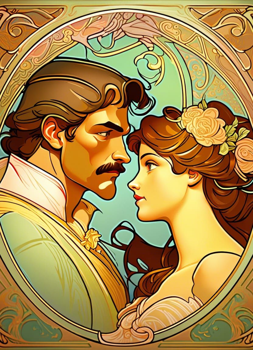 Belle and Gaston Wedding Portrait in Art Nouveau Style